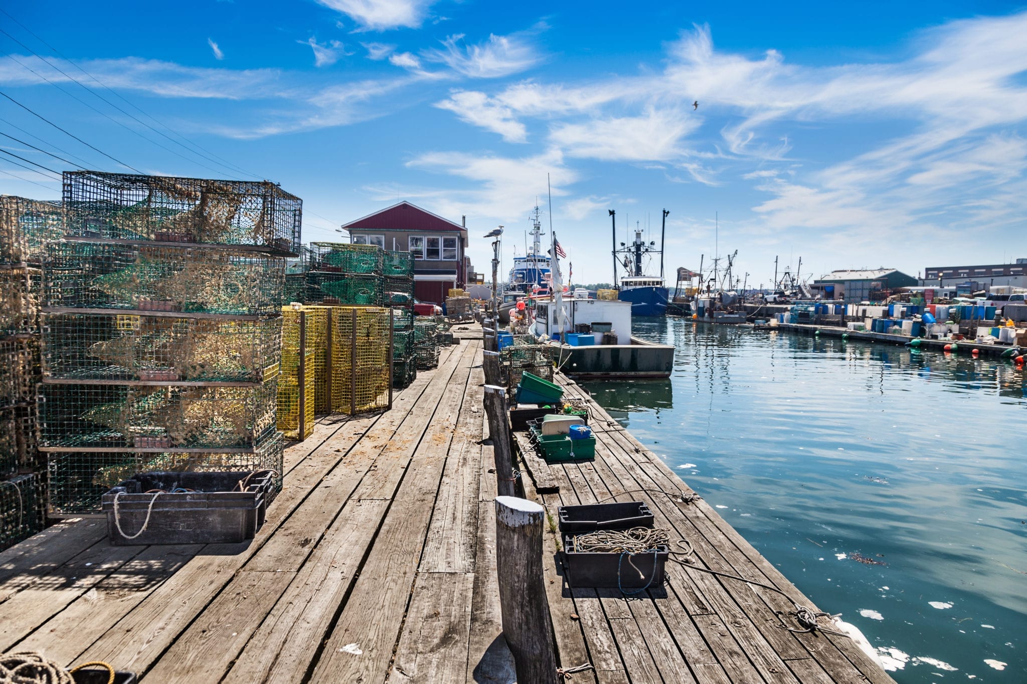 Union Wharf lobster traps on Portland's working waterfront, Maine